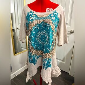 STYLE &CO. Elegant Beige and Teal Women's Beaded 3/4 Sleeves Top size Large